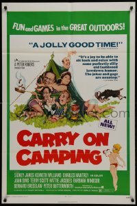 3b130 CARRY ON CAMPING 1sh 1971 Sidney James, English nudist sex, wacky outdoors artwork!