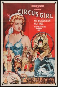 3b145 CIRCUS GIRL 1sh 1956 art of sexy Kristina Soederbaum w/circus tigers & elephants!