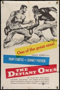 3b183 DEFIANT ONES 1sh 1958 art of escaped cons Tony Curtis & Sidney Poitier chained together!