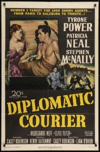 3b196 DIPLOMATIC COURIER 1sh 1952 cool art of Patricia Neal pulling a gun on shirtless Tyrone Power!