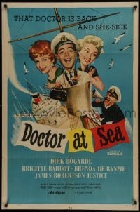 3b202 DOCTOR AT SEA 1sh 1956 wacky art of sailor Dirk Bogarde & sexy Brigitte Bardot!