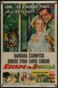 3b247 ESCAPE TO BURMA 1sh 1955 Robert Ryan & Barbara Stanwyck in the jungle!