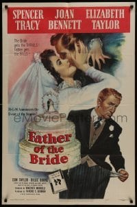 3b268 FATHER OF THE BRIDE 1sh 1950 art of Liz Taylor in wedding gown & broke Spencer Tracy!