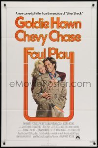 3b290 FOUL PLAY 1sh 1978 wacky Lettick art of Goldie Hawn & Chevy Chase, screwball comedy!