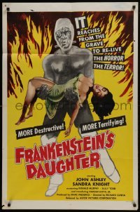 3b296 FRANKENSTEIN'S DAUGHTER 1sh 1958 full-length art of wacky monster holding sexy girl!