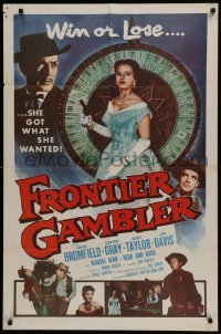 3b305 FRONTIER GAMBLER 1sh 1956 sexy Coleen Gray with gun by Big Six gambling reel!