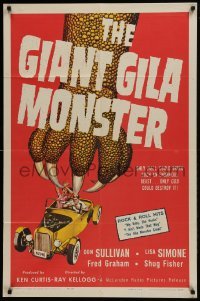 3b322 GIANT GILA MONSTER 1sh 1959 classic art of giant monster hand grabbing teens in hot rod!