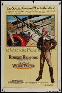 3b336 GREAT WALDO PEPPER 1sh 1975 Robert Redford, aviation art on yellow background by Gary Meyer!