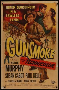 3b348 GUNSMOKE 1sh 1953 full-length art of Audie Murphy, a hired gunslinger in a lawless land!
