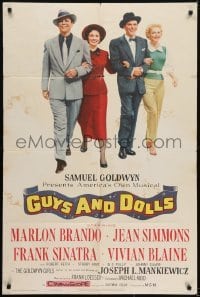 3b349 GUYS & DOLLS 1sh 1955 Marlon Brando, Jean Simmons, Frank Sinatra & Blaine arm-in-arm!