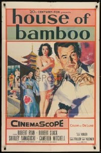 3b380 HOUSE OF BAMBOO 1sh 1955 Sam Fuller, artwork of Robert Ryan, sexy Shirley Yamaguchi!