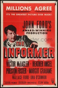 3b399 INFORMER 1sh R1955 directed by John Ford, great close up art of angry Victor McLaglen!