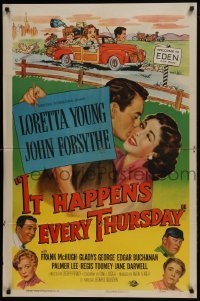 3b415 IT HAPPENS EVERY THURSDAY 1sh 1953 Loretta Young, John Forsythe, wacky art of family!