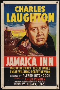 3b422 JAMAICA INN 1sh R1949 Alfred Hitchcock, art of Charles Laughton & Maureen O'Hara!