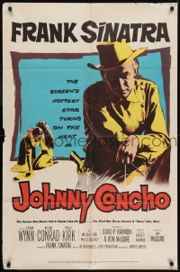 3b427 JOHNNY CONCHO 1sh 1956 art of cowboy Frank Sinatra on horseback turning on the heat!