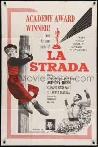 3b454 LA STRADA 1sh R1960s Federico Fellini, Anthony Quinn, Giulietta Masina climbing pole!