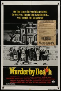 3b577 MURDER BY DEATH 1sh 1976 great Charles Addams art of cast by dead body, yellow title design!
