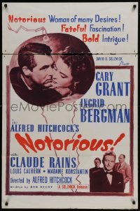 3b611 NOTORIOUS 1sh R1960s Cary Grant & Ingrid Bergman, Alfred Hitchcock classic!