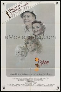 3b617 ON GOLDEN POND awards 1sh 1981 art of Hepburn, Henry Fonda, and Jane Fonda by C.D. de Mar