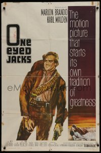 3b620 ONE EYED JACKS 1sh 1961 art of star & director Marlon Brando with gun & bandolier!