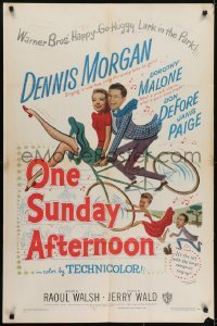 3b624 ONE SUNDAY AFTERNOON 1sh 1949 wacky artwork of Dennis Morgan & Dorothy Malone on bike!