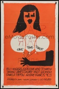 3b625 ONE, TWO, THREE 1sh 1962 Billy Wilder, wonderful Saul Bass art of girl with balloons!