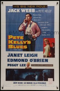 3b654 PETE KELLY'S BLUES 1sh 1955 Jack Webb smoking & holding trumpet, sexy Janet Leigh!