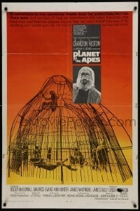 3b664 PLANET OF THE APES 1sh 1968 Charlton Heston, classic sci-fi, cool art of caged humans!