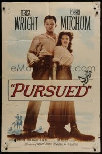 3b692 PURSUED 1sh 1947 great full-length image of Robert Mitchum & Teresa Wright!