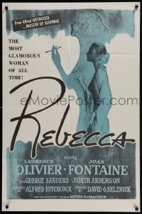 3b699 REBECCA 1sh R1960s Alfred Hitchcock classic, profile of smoking Joan Fontaine!