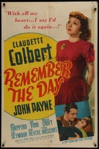 3b705 REMEMBER THE DAY 1sh 1941 full-length pretty Claudette Colbert & held by John Payne!