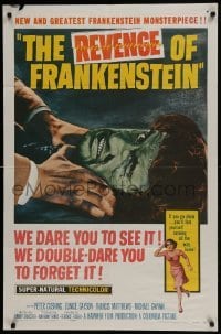 3b710 REVENGE OF FRANKENSTEIN 1sh 1958 Peter Cushing in the greatest horrorama, cool monster art!