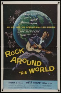 3b722 ROCK AROUND THE WORLD 1sh 1957 early rock & roll, great artwork of Tommy Steele!