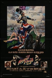 3b729 ROYAL FLASH int'l 1sh 1975 great art of uniformed Malcolm McDowell & sexy babe draped in flag!