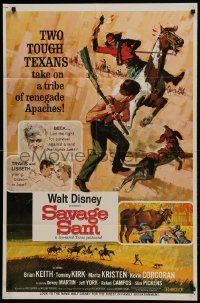 3b741 SAVAGE SAM style A 1sh 1963 Disney, art of boy & dog fighting Native, Old Yeller sequel!