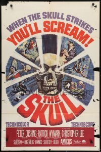 3b777 SKULL 1sh 1965 Peter Cushing, Christopher Lee, cool horror artwork of creepy skull!