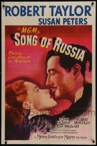 3b796 SONG OF RUSSIA 1sh 1944 great romantic c/u art of Robert Taylor & Commie Susan Peters!