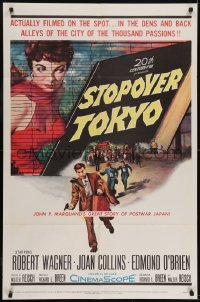 3b826 STOPOVER TOKYO 1sh 1957 artwork of sexy Joan Collins & spy Robert Wagner in Japan!