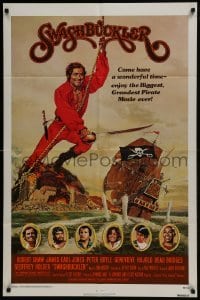 3b853 SWASHBUCKLER 1sh 1976 art of pirate Robert Shaw swinging on rope by ship by John Solie!