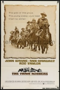 3b919 TRAIN ROBBERS style B 1sh 1973 cowboy John Wayne & Ann-Margret on horseback!