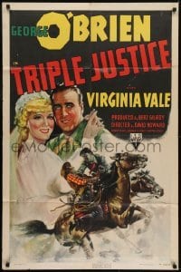 3b924 TRIPLE JUSTICE 1sh 1940 George O'Brien, Virginia Vale, cool art of fistfight on horseback!