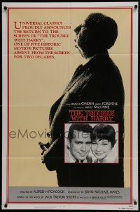 3b925 TROUBLE WITH HARRY 1sh R1983 Alfred Hitchcock profile, c/u of Forsythe & Shirley MacLaine!