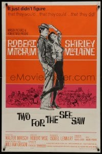 3b928 TWO FOR THE SEESAW 1sh 1962 art of Robert Mitchum & sexy beatnik Shirley MacLaine by Hooks!