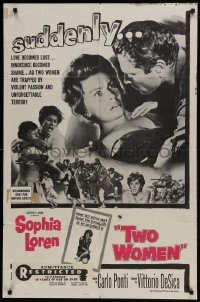 3b932 TWO WOMEN 1sh 1962 De Sica's La Ciociara, different art of devastated Sophia Loren!