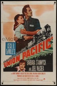 3b939 UNION PACIFIC 1sh R1958 Cecil B. DeMille, Barbara Stanwyck, Joel McCrea & cool train art!