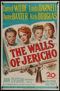 3b956 WALLS OF JERICHO 1sh 1948 art of Cornel Wilde, Darnell, Ann Baxter & Kirk Douglas