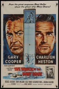 3b990 WRECK OF THE MARY DEARE 1sh 1959 portrait artwork of Gary Cooper & Charlton Heston!