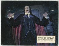 3c933 TWINS OF EVIL English LC 1972 great close up of vampire Damien Thomas showing fangs, Hammer!