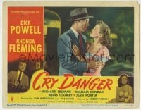 3c385 CRY DANGER LC #1 1951 close up of Dick Powell embracing pretty Rhonda Fleming, film noir!