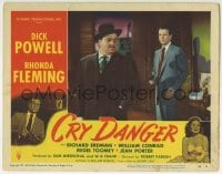 3c386 CRY DANGER LC #4 1951 close up of Dick Powell holding gun on dapper William Conrad's back!